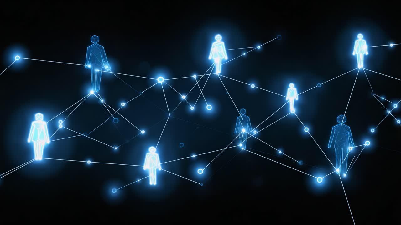A Digital Network of Human Connections Represented in a Futuristic Visual Format, Showcasing a Series of Interlinked Figures Amidst a Dark Background
