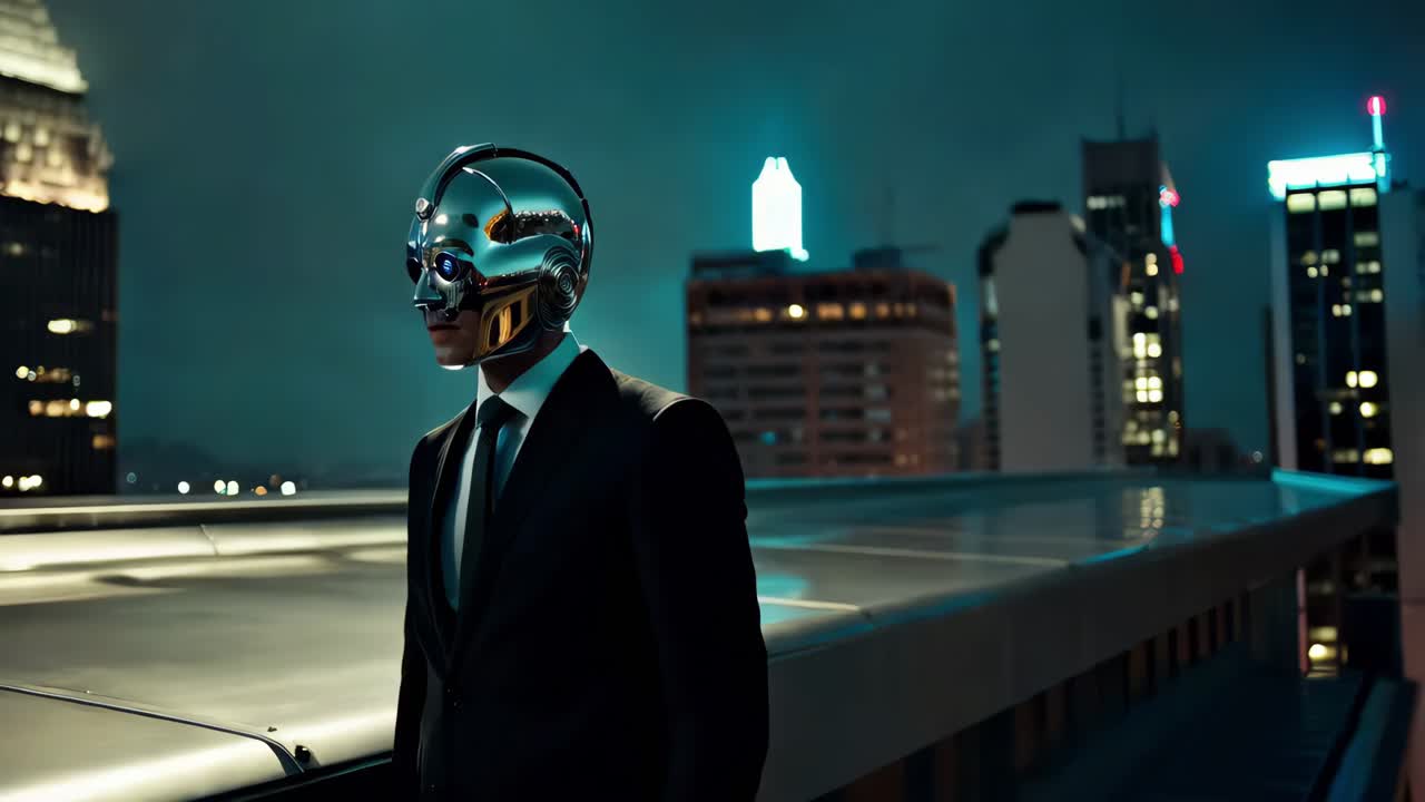 un hombre de negocios robot en el techo por la noche.