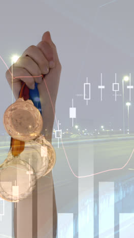 animation of data processing over cityscape and medals