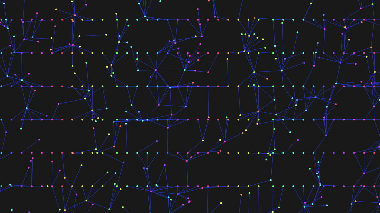 Colorful constellation patterns of lines and dots on a black background
