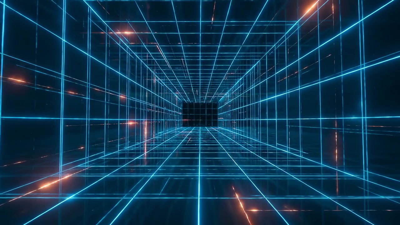 Advancing camera moving blue grid tunnel in digital corridor to central void, showing orange sparks