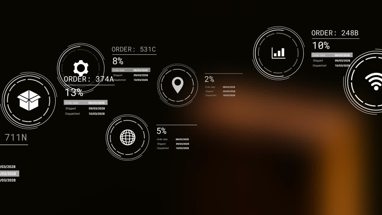 Animation of data processing against brown light spot on black background