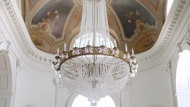 Vista dal basso di un lampadario di cristallo ornato appeso all'interno di una grande sala classica, che risplende in controluce diurno con livelli stratificati, accenti dorati e simmetria ripetuta attraverso l'interno a volta