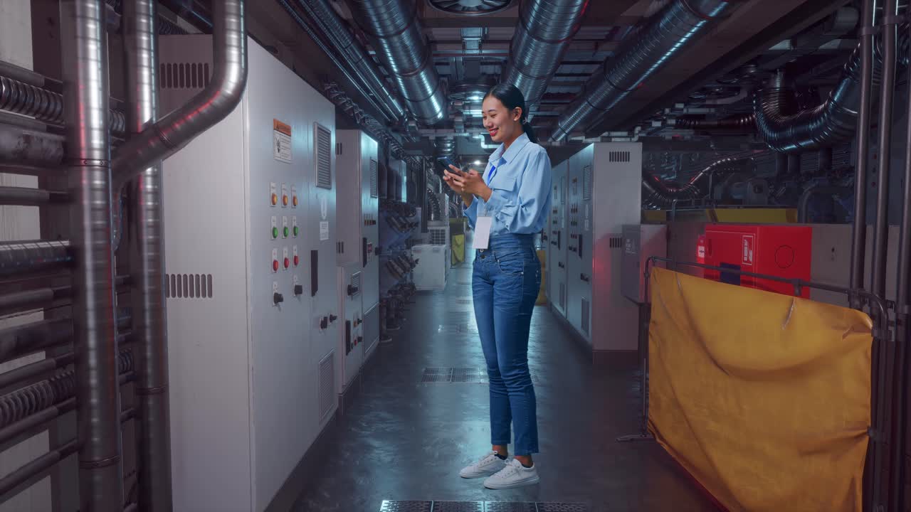 Full Body Side View Of An Asian Female Professional Worker Standing With Her Phone In Engine Control Room, Working Continuously With Her Phone