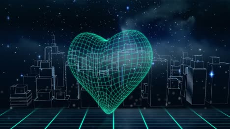 animation of heart shape and 3d cityscape with data processing over glowing computer servers