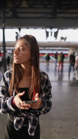 teenage girl using phone at a train station