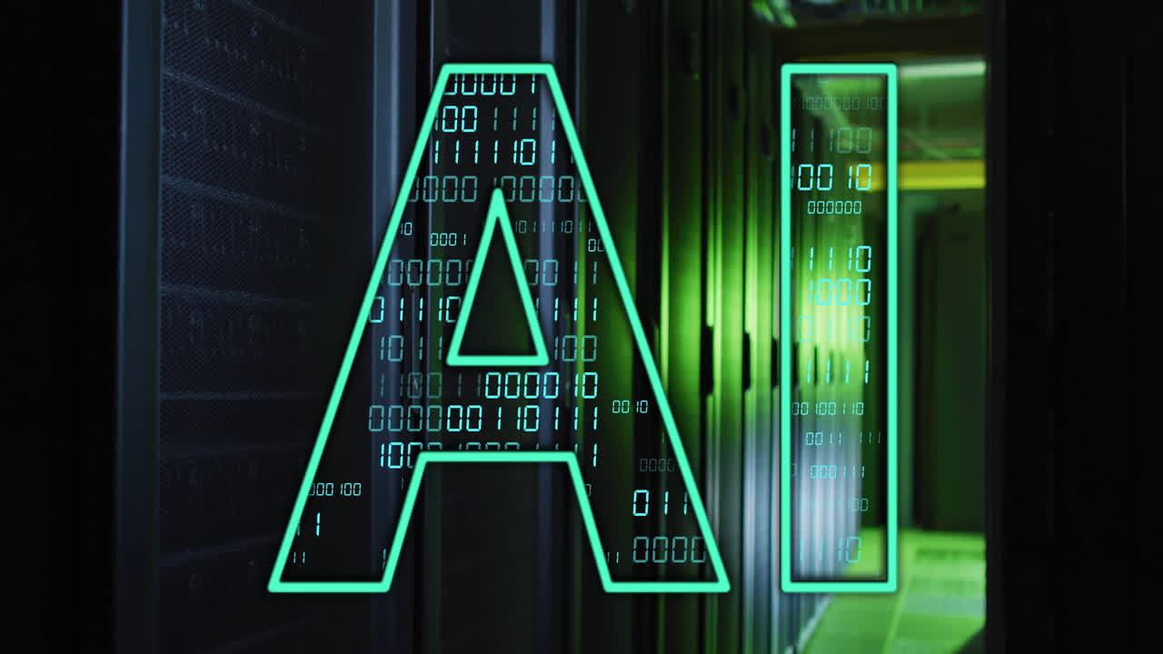 AI text animation over binary code and server racks