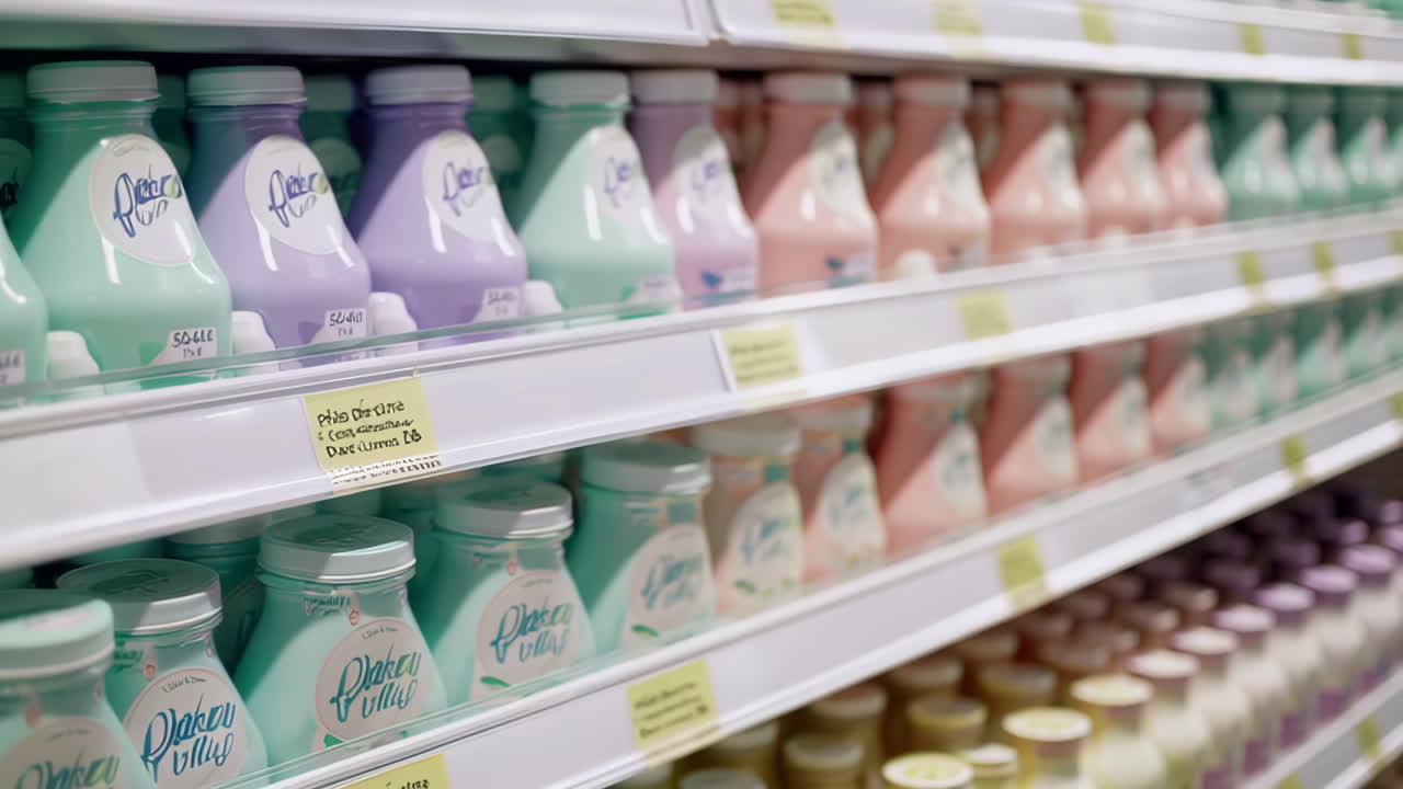 Rows of Pastel-Colored Bottles on Supermarket Shelves