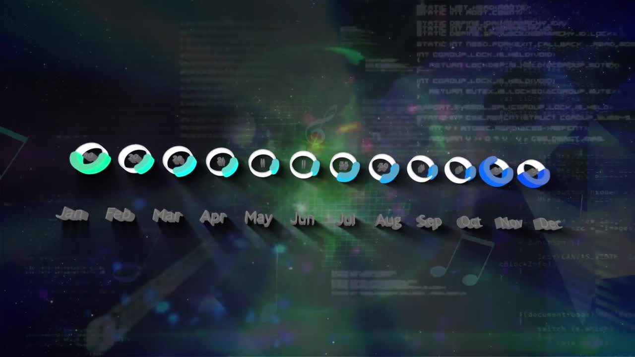 음악적 요소와 다채로운 빛 반점에 대한 통계 데이터 처리의 애니메이션