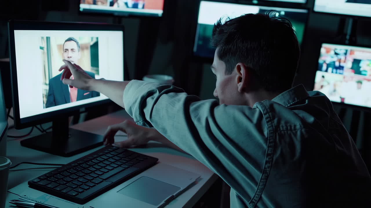 Young Man Monitoring Multiple Video Conference Calls
