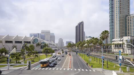 san diego convention center on a sunny day with traffic