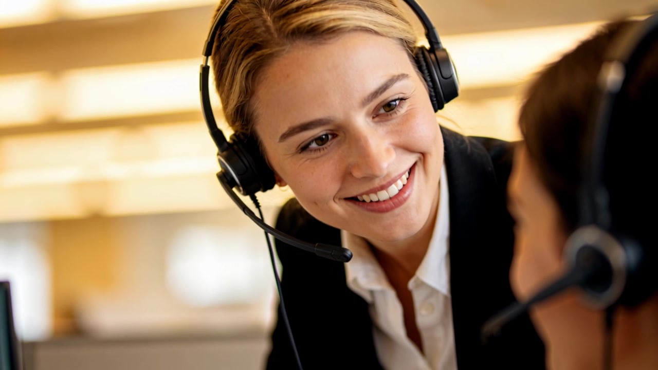 Groetend, leunende blonde agent in blazer glimlacht en luistert vervolgens op kantoor met headsets.