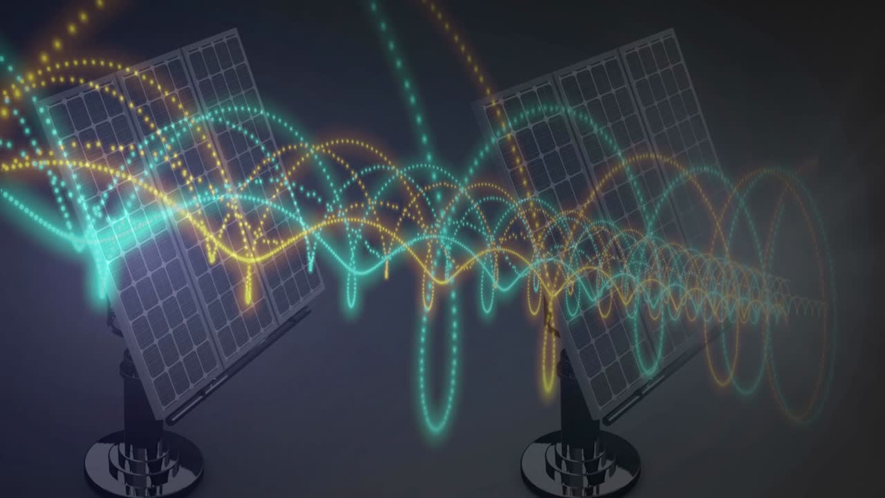 Left-panel sparks sending teal and gold dots weaving sine waves between panels showing interference