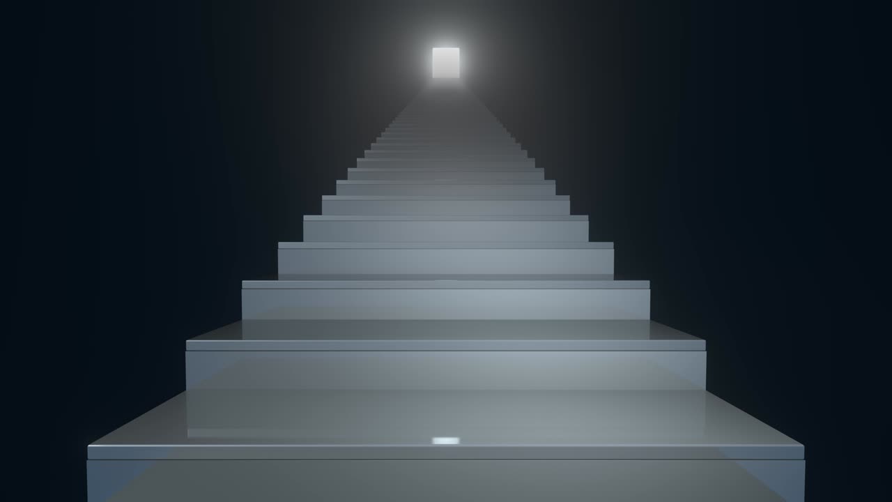 검은 바탕에 어두운 인테리어에서 계단: 영적 및 경력 발전, 개인 또는 비즈니스 개발, 길 끝에 밝은 빛, 비즈니스 성장, 4k의 3d 애니메이션 루프