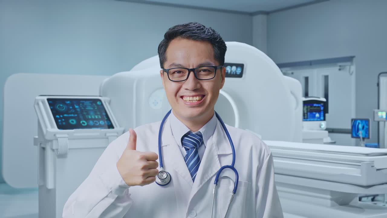 Close Up Of Asian Male Doctor Showing Thumbs Up Gesture And Smiling With MRI Machine In The Hospital