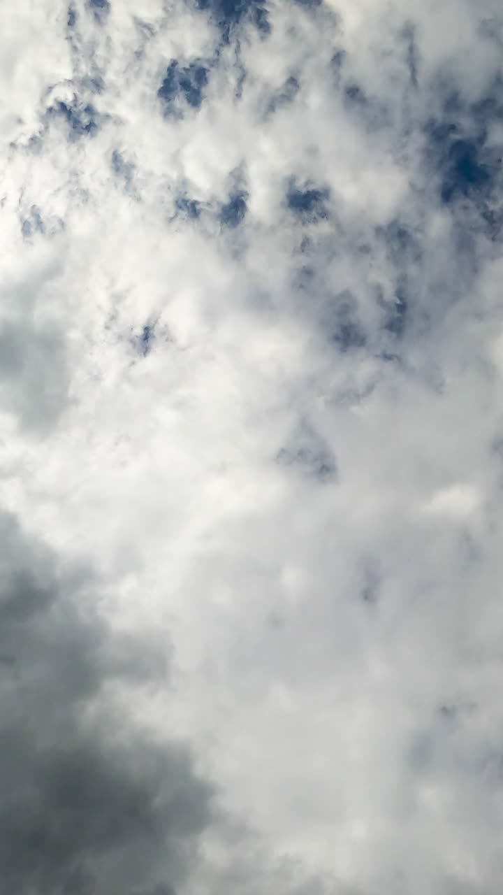 Heavy white and gray clouds covering the sky. Low angle perspective timelapse of moving clouds. Vertical video
