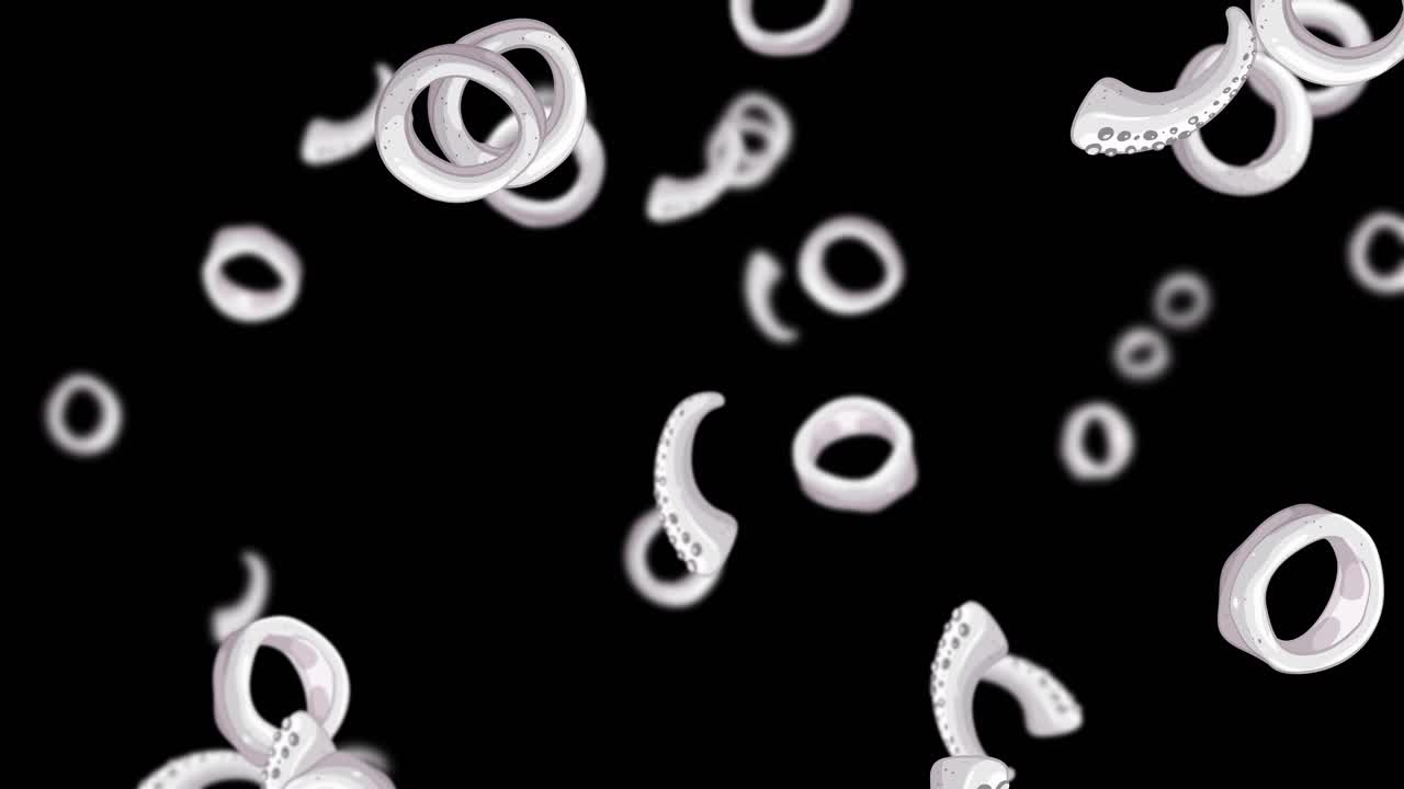 Animazione 3D in loop di anelli a forma di tentacoli di polpo bianchi che piovono verso il basso su uno sfondo scuro
