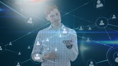 animation of a caucasian man using a 3d interactive tablet with web of connections with social icons