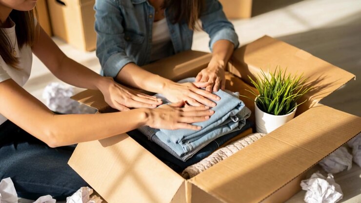 Opening moving box, two women in denim and white packing for move at home, placing plant