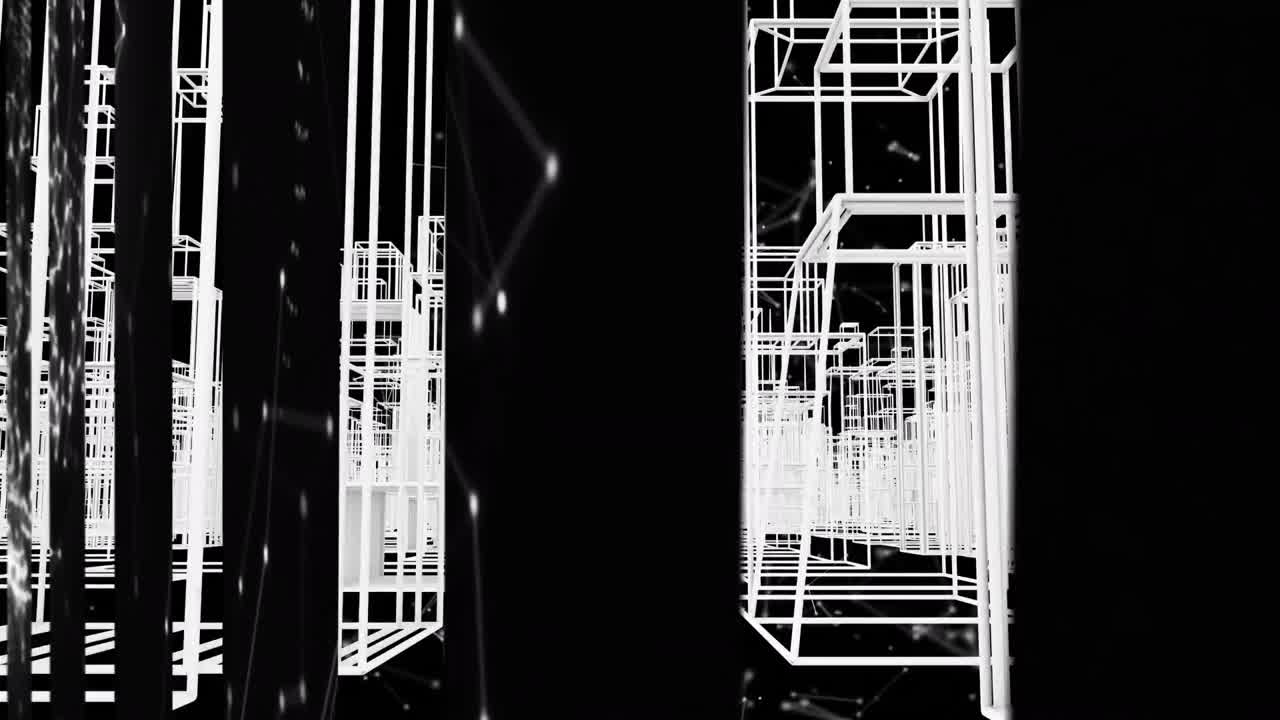 Animation of digital city and shapes on black background