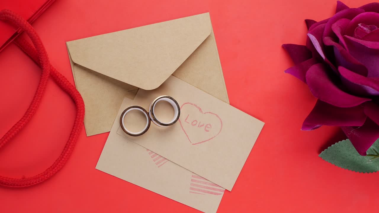 結婚指輪とギフトボックスと赤のバラの花