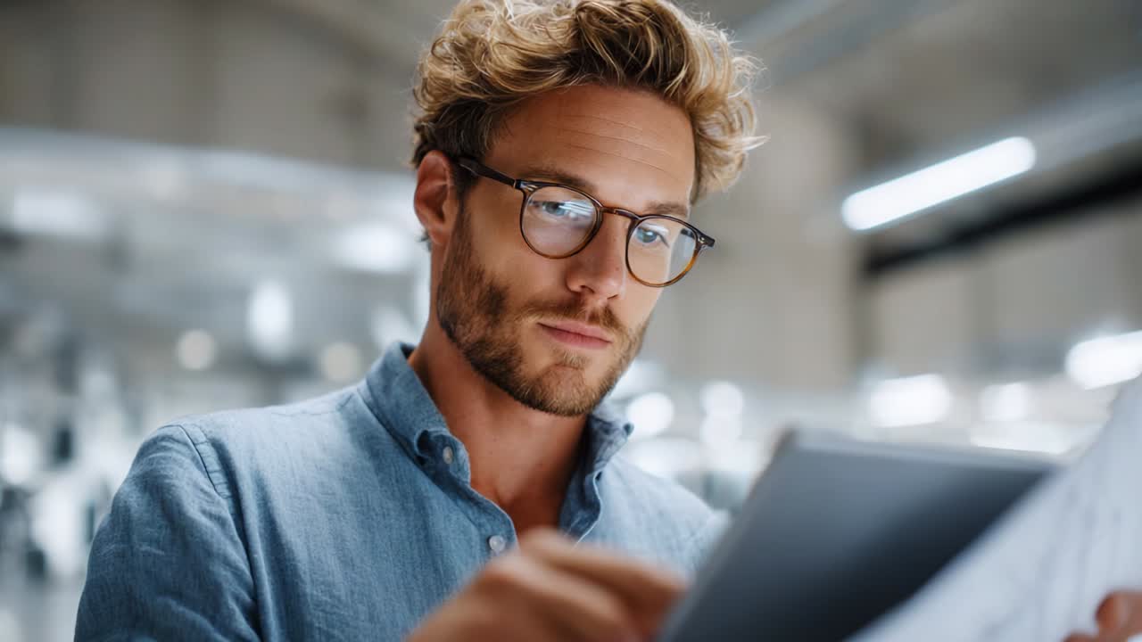 En eftertænksom og professionel mand gennemgår dokumenter på en digital tablet. Han viser et fokuseret udtryk og stilfuldt udseende i et moderne kontormiljø, der understreger koncentration og omhu i arbejdet