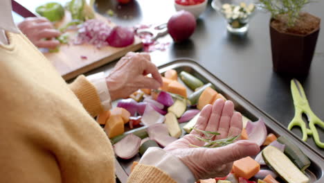 sección media de una mujer caucásica senior cocinando la cena en la cocina en casa, en cámara lenta
