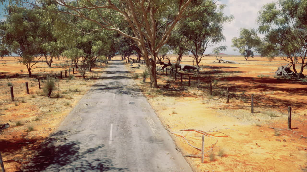 Desert road meanders through arid landscape under blue sky at noon