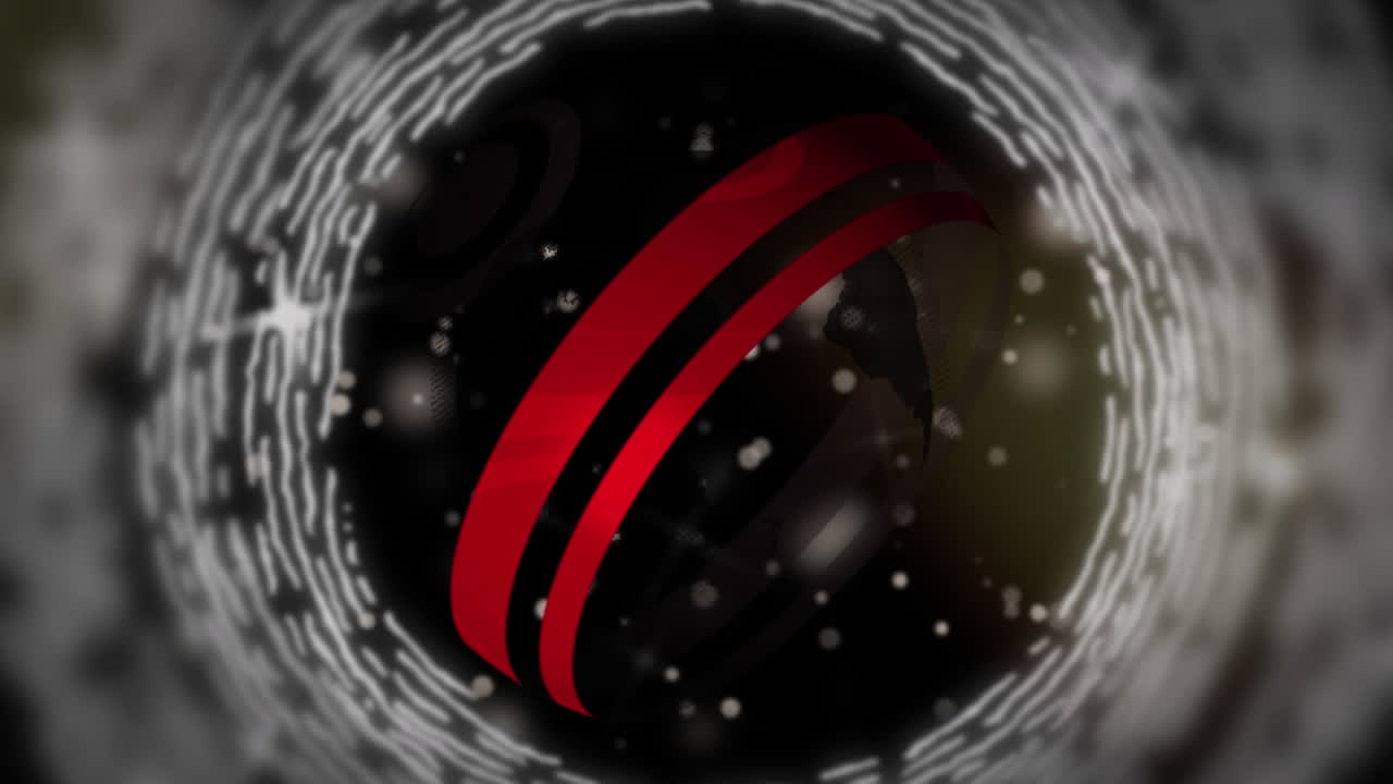 검은색 바탕에 빛의 원, 별, 지구의 애니메이션.