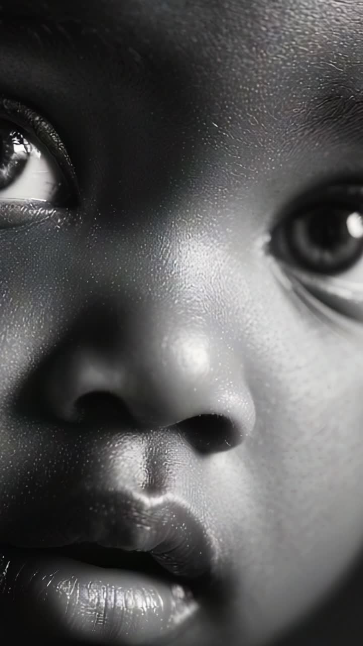 A Close-Up Portrait of a Curious Child, Featuring Detailed Textures of Skin and Expressive Eyes Reflecting Innocence and Wonder in Black and White