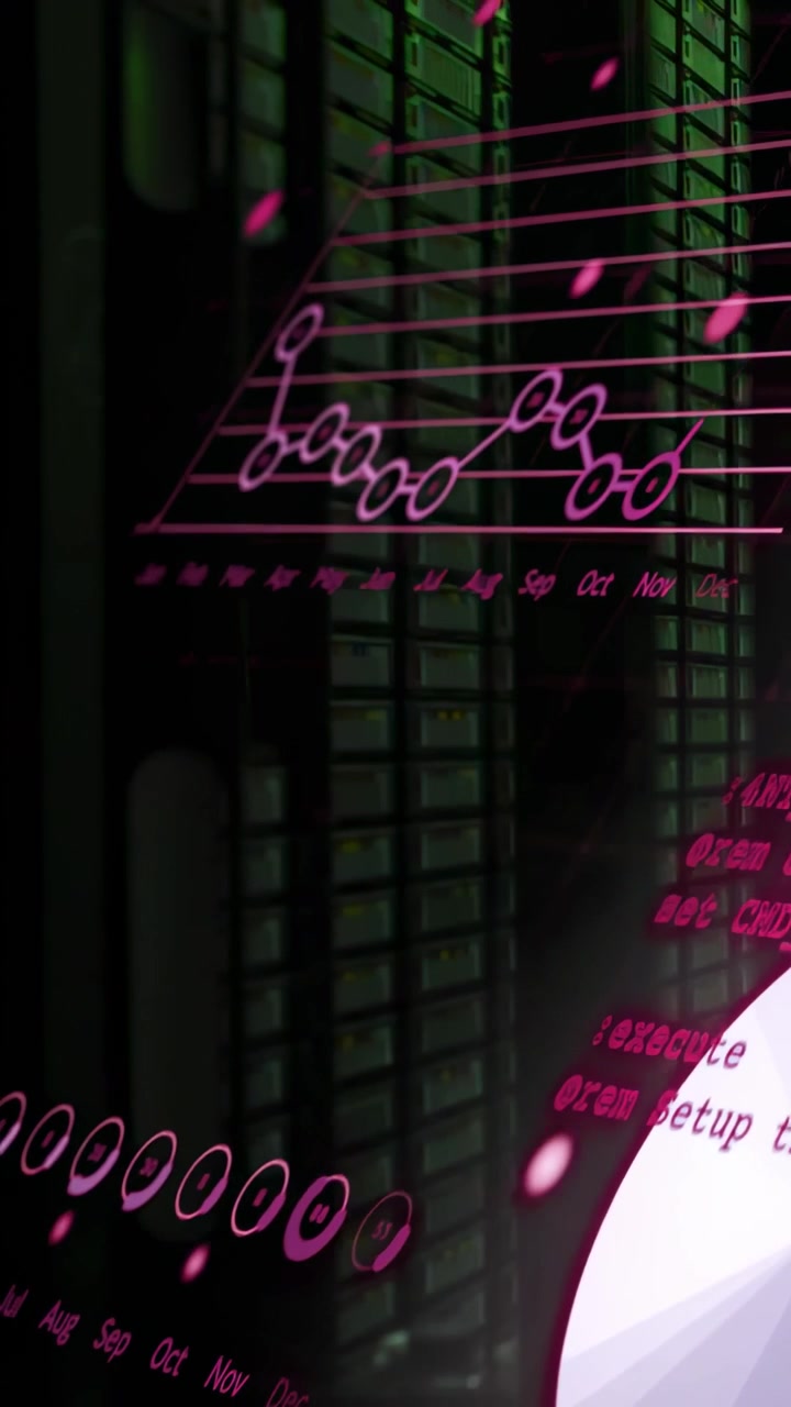 Vertikales Video: Magenta-Unschärfe verschiebt sich und zeigt ein Liniendiagramm mit Sep-Dez-Markierungen sowie ein Tortendiagramm über einem grünen Raster.