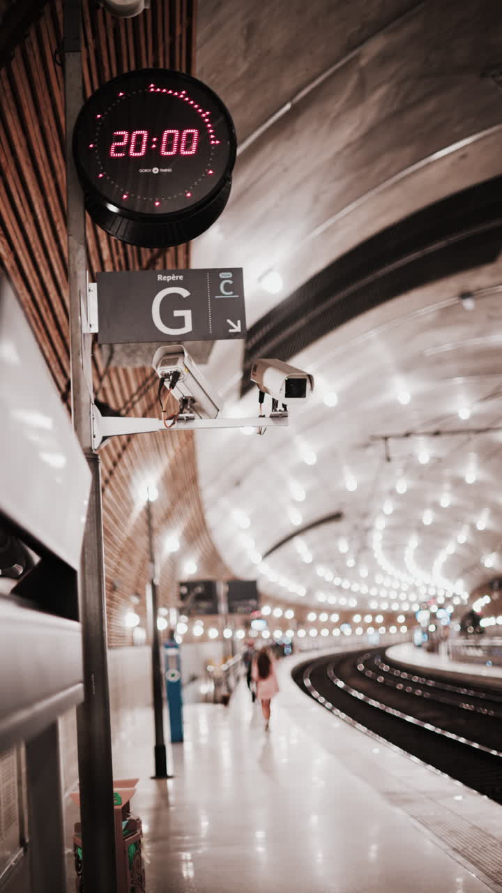 Blurry view of people moving through the Monaco train station with bright lights. Vertical