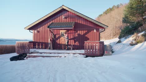 白人男人从木屋里出来, 阿拉斯加的马拉穆特躺在雪覆盖的地上