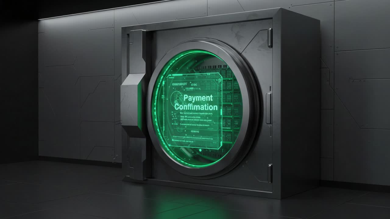 Futuristic Payment Confirmation Interface in a Secure Vault Setting, Highlighting Advanced Technology and Digital Security Features with a Modern Aesthetic