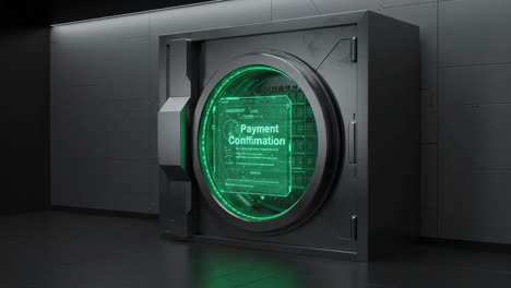 futuristic payment confirmation interface in a secure vault setting, highlighting advanced technology and digital security features with a modern aesthetic