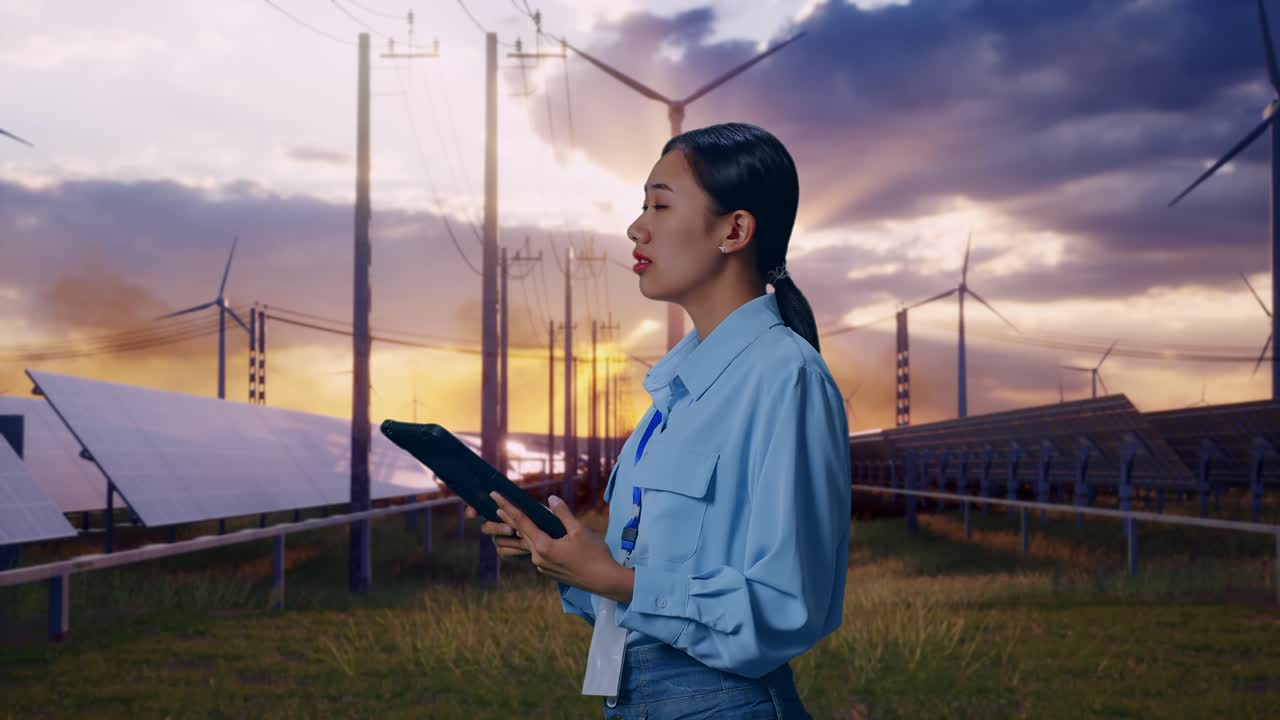 Side View Of Asian Female Professional Worker With Solar Panel and Wind Turbines, Observes By Looking Up Before She Come To Concentrating On The Tablet And Keep On Checking