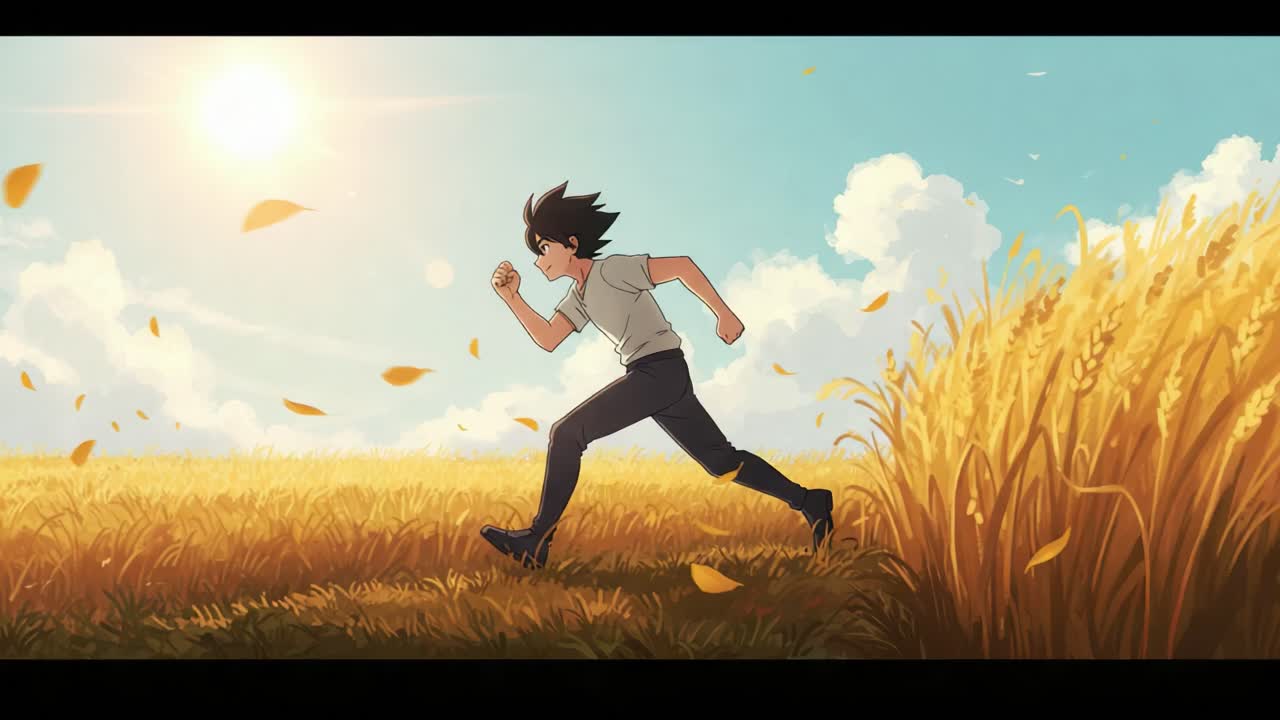 A Young Runner in a Golden Field: An Animated Journey Through Nature's Beauty and Freedom Under a Bright Blue Sky and Shimmering Sunlight
