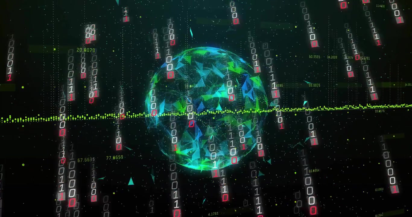 Sphere appearing at start, rotating and releasing cascading binary streams for data visualization