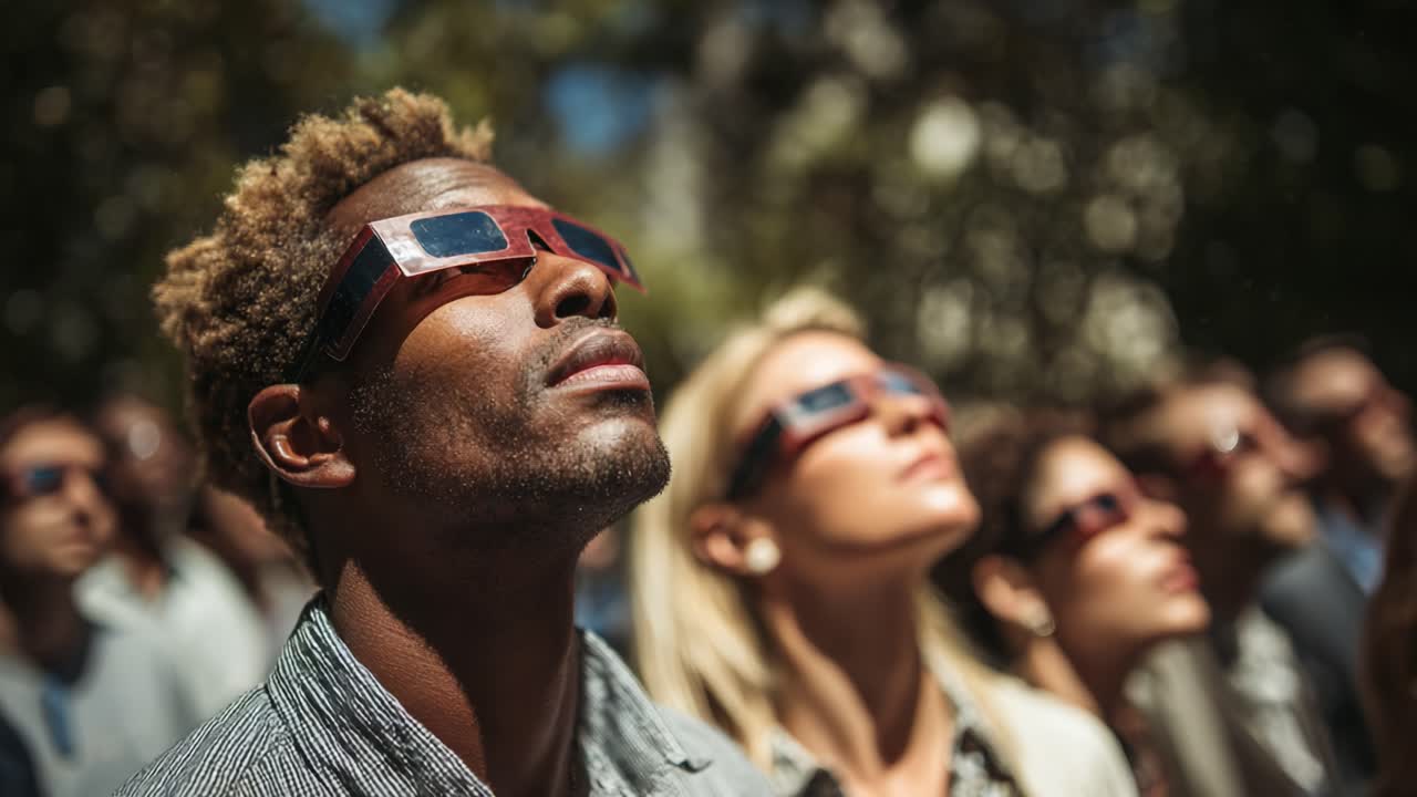 A Group of People Gazing Upward in Awe While Wearing Solar Eclipse Glasses, Capturing the Beauty and Wonder of a Celestial Event Under a Clear Sky