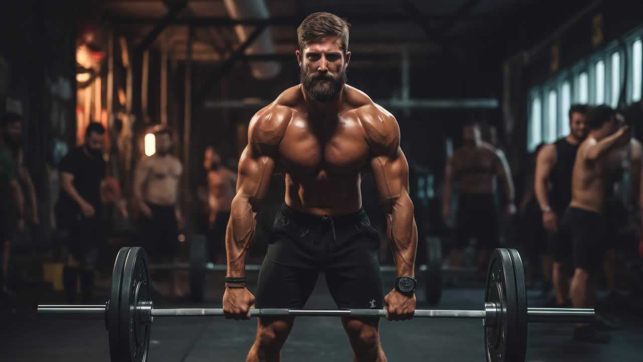 Dynamic low-angle video shot of a muscular man lifting weights in a gym, emphasizing strength