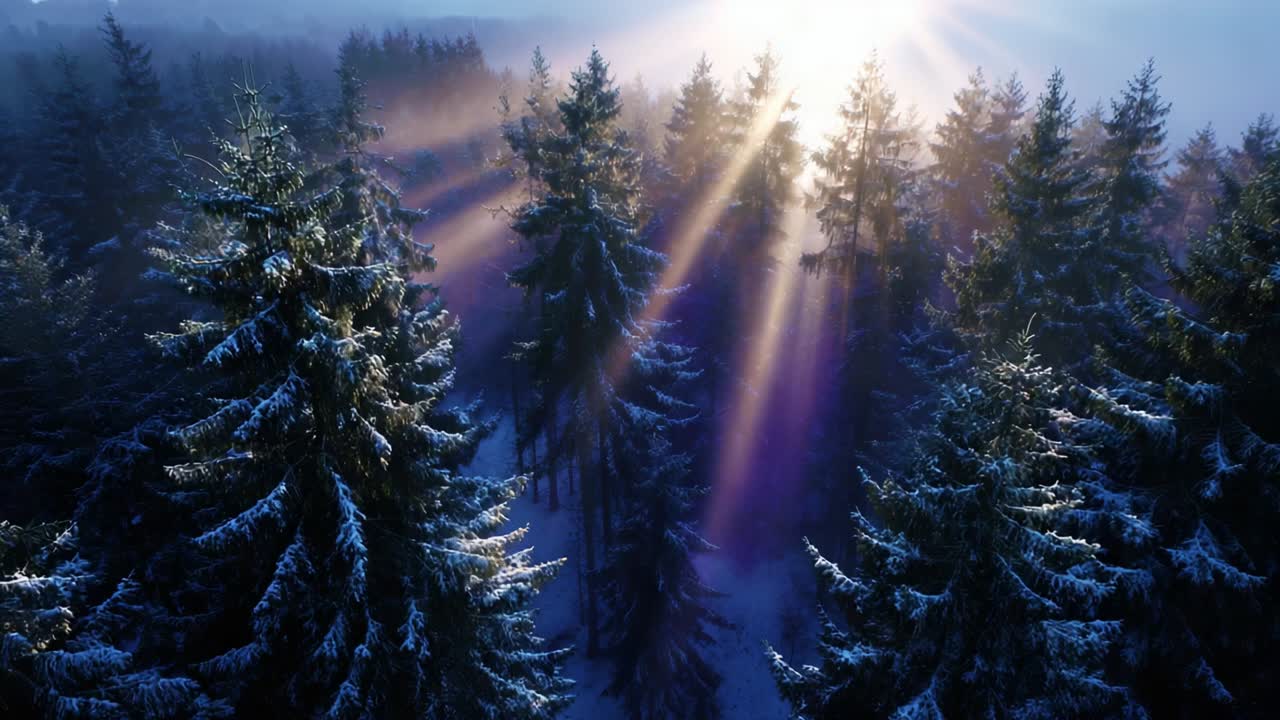 A Breathtaking Winter Sunrise Over Snow-Covered Forests, Illuminating the Frosty Pines with Golden Rays as the Day Breaks, Creating a Magical Atmosphere of Tranquility and Natural Beauty