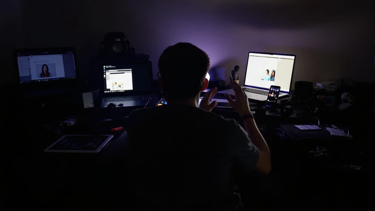 Person working on multiple computers in a dark room