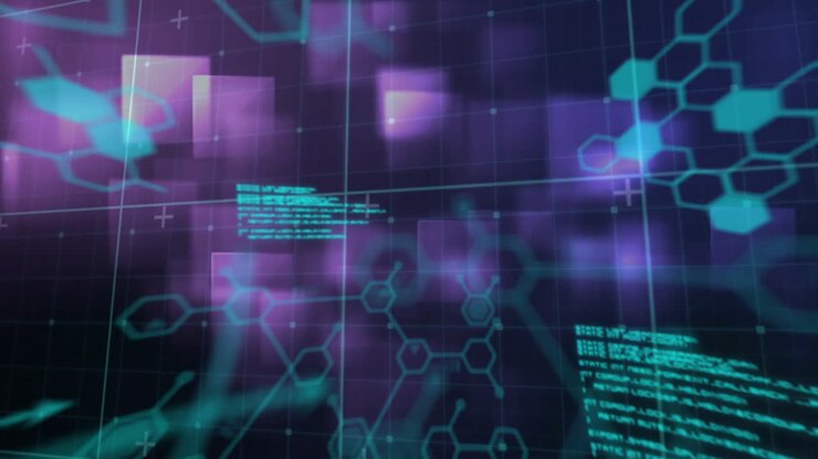 Animation of scientific data processing over grid and purple squares