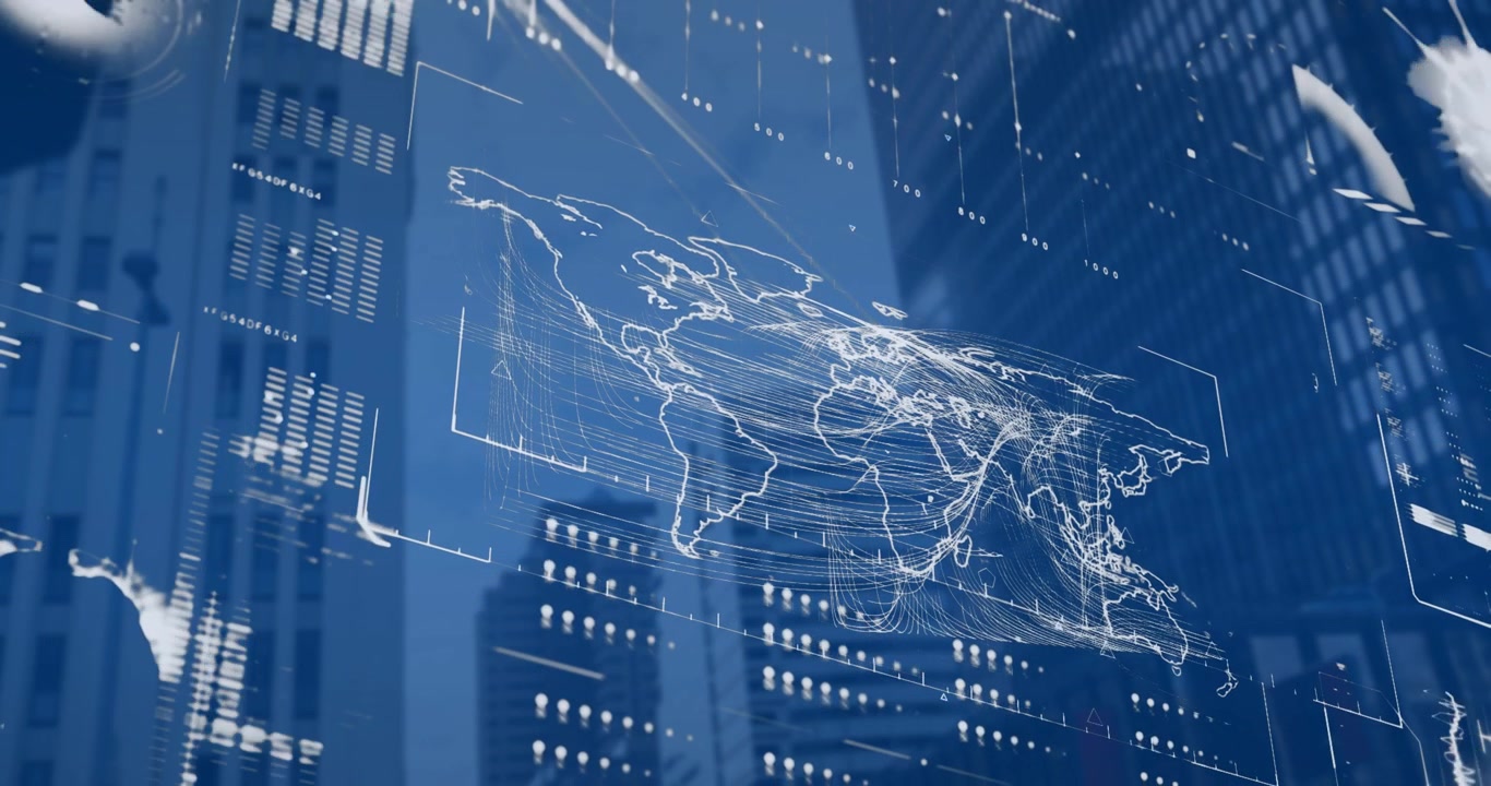 A view of an office building on a sunny day, with a digital animation of a white dashboard with data