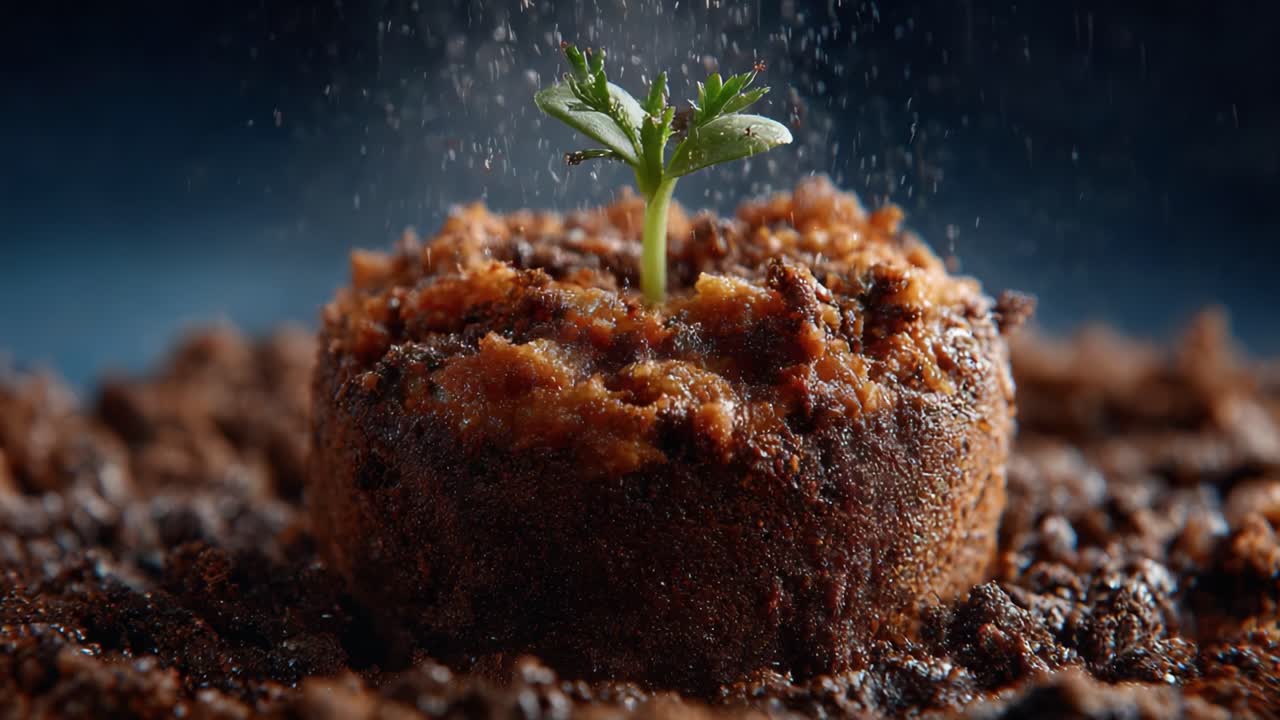 A Close-Up View of a Freshly Sprouted Seedling Emerging from Nutrient-Rich Soil, Captured in Stunning Detail with Sprinkles of Water for Vital Growth