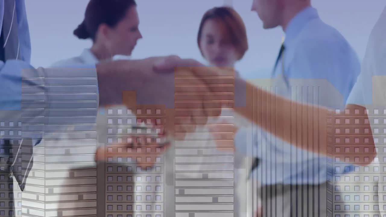 animación de un hombre de negocios apretando la mano sobre el paisaje urbano