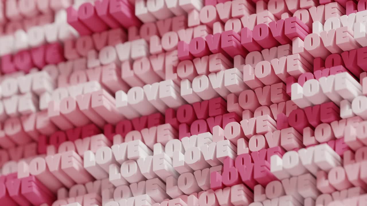 3D Love Looped animation in pink-blue for background. Abstract typographic pink 3D lettering backdrop. Modern bright trendy romantic word pattern for Valentine's Day