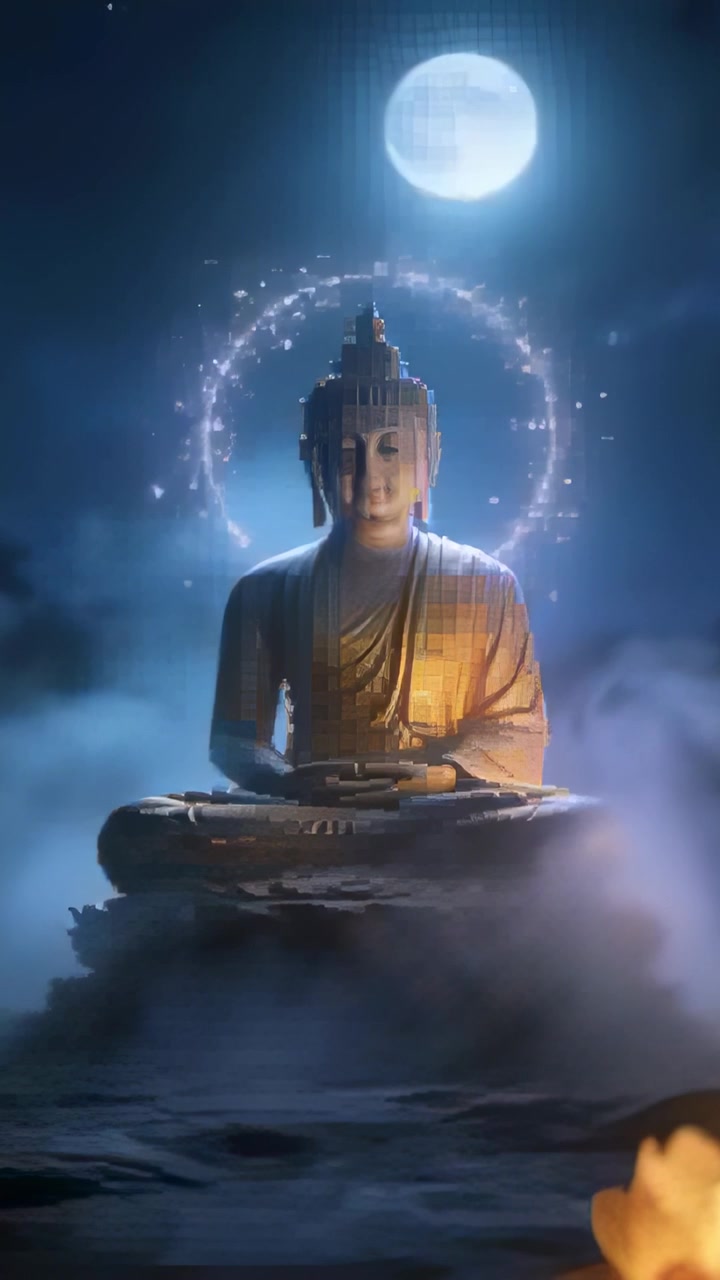 Video verticale: Telecamera che si avvicina per rivelare una candela, un Buddha d'oro seduto su una base di loto, con un'aureola scintillante.