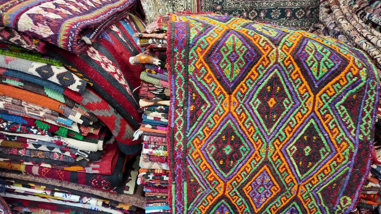 Colorful Traditional Rugs and Carpets in a Market