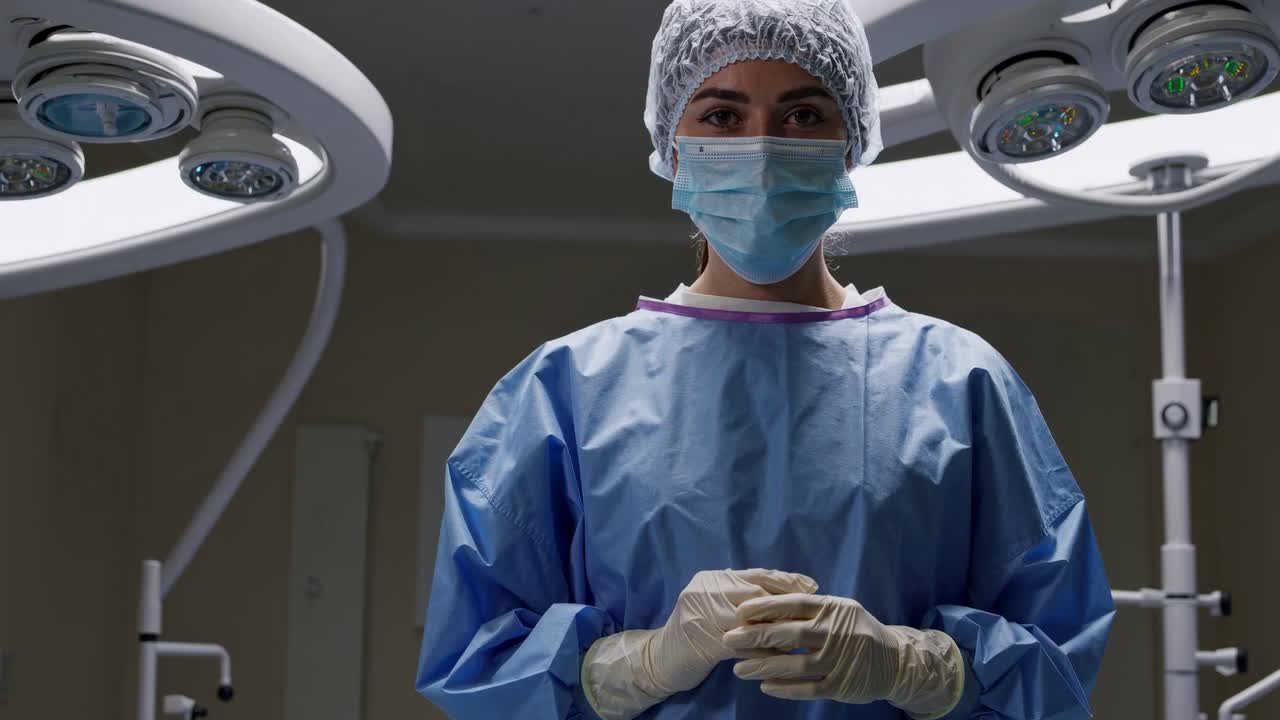 cirujana experta de pie con confianza en una sala de operaciones estéril, con equipo de protección completo bajo luces quirúrgicas brillantes, encarnando experiencia médica y preparación profesional